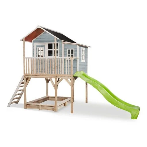 EXIT TOYS EXIT Loft 750 Holzspielhaus - Blau Extra Hoch - Mit Sandkasten, Rutsche & Anbau -Roba Verkäufe 2024 50 08 25