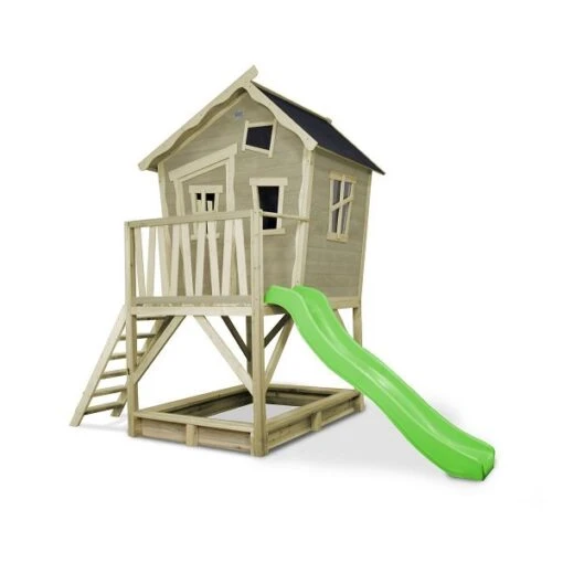 EXIT TOYS EXIT Crooky 500 Holzspielhaus - Graubeige Verspieltes Design - Mit Rutsche & Sandkasten -Roba Verkäufe 2024 50 45 00